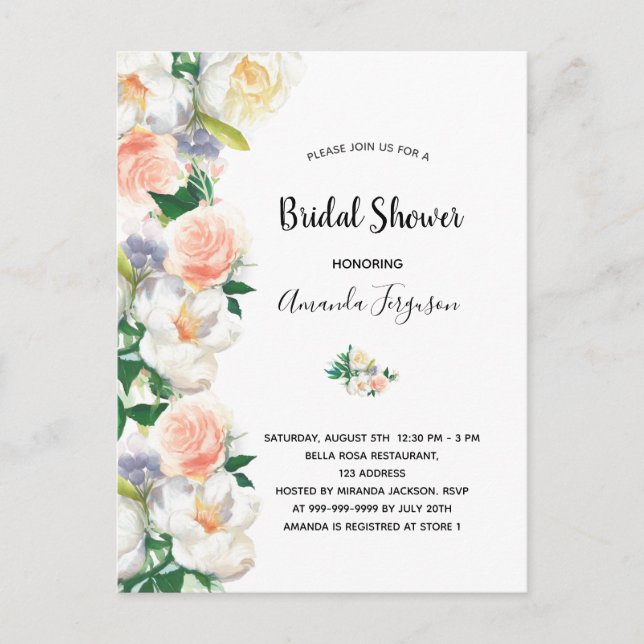 Bridal shower blush pink rose gold florals white postcard (Front)