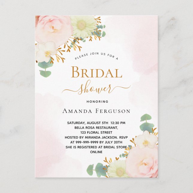 Bridal Shower blush pink watercolor florals chic Postcard (Front)