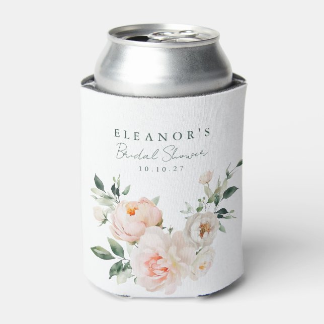 Bridal Shower Blush Pink Watercolor Peony Floral Can Cooler (Can Front)