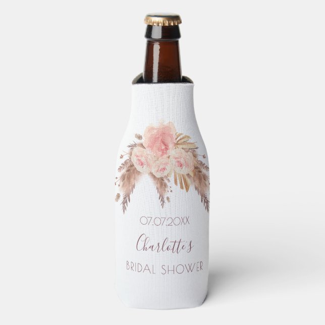 Bridal shower blush rose floral pampas grass name bottle cooler (Bottle Front)
