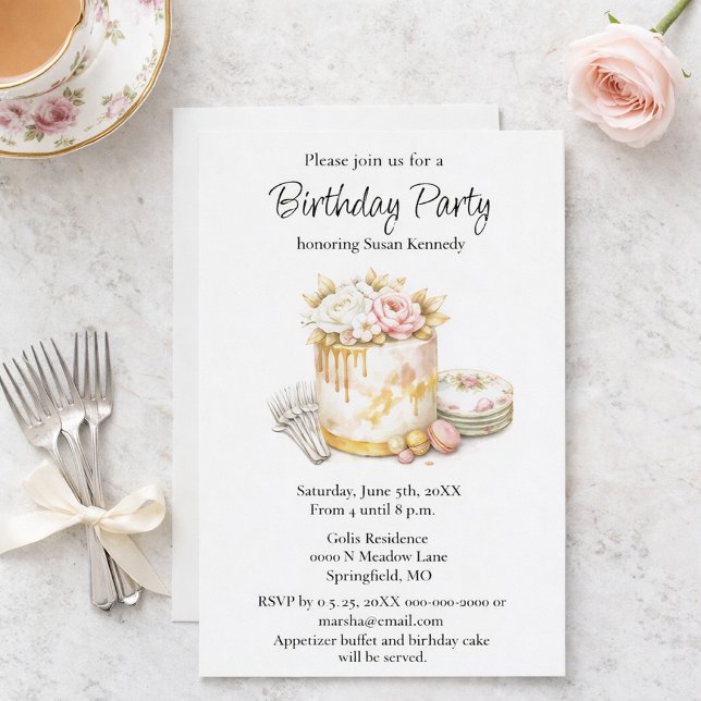 Bridal Shower Blush Rose & Gold Cake  Invitation (Elegant watercolor birthday invitation with gold drip cake, floral china, perfect for parties.)
