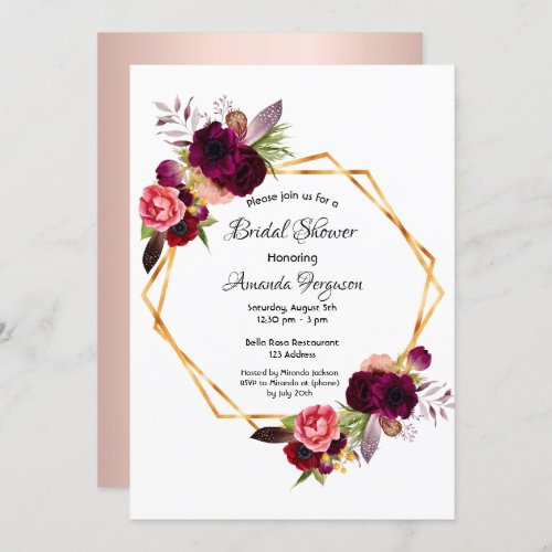 Bridal shower blush rose gold floral geometric invitation