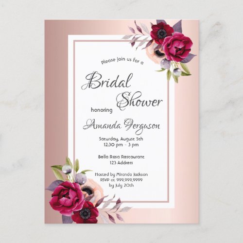 Bridal shower blush rose gold floral invitation postcard