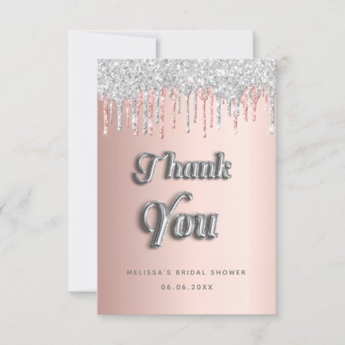 Bridal shower blush rose gold glitter silver thank you card