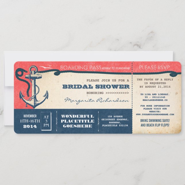 bridal shower boarding pass-tickets with RSVP Invitation (Front)
