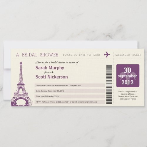Bridal Shower Boarding Pass to Paris France Custom Invite