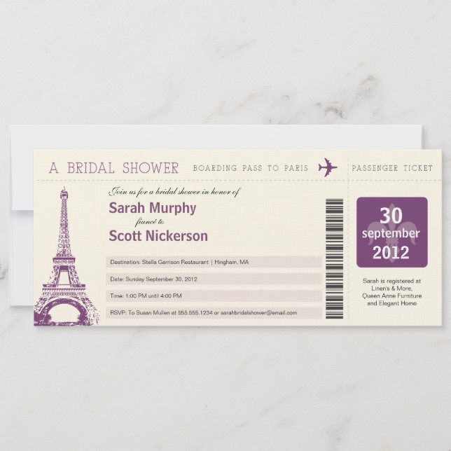 Bridal Shower Boarding Pass to Paris France Invitation (Front)