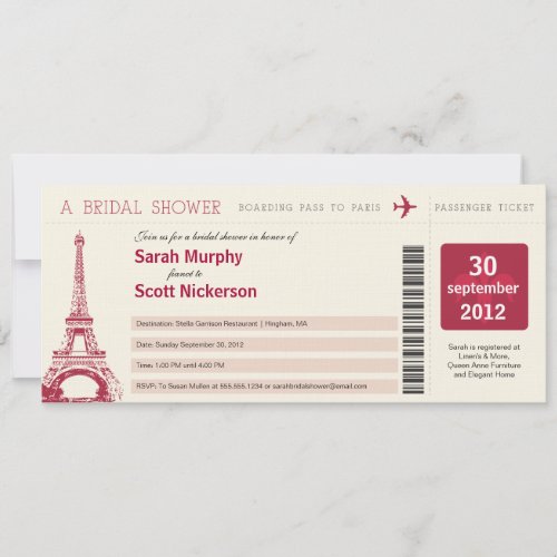 Bridal Shower Boarding Pass to Paris France Invitation