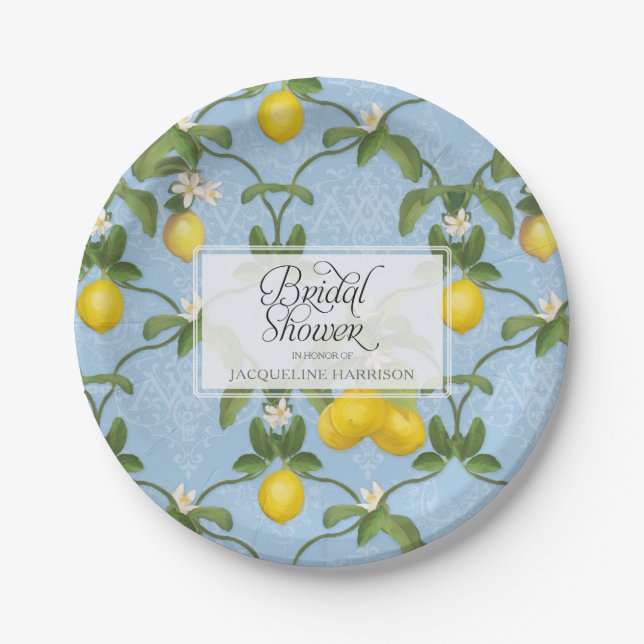 Bridal Shower BOHO Blue Lemon Leaf Flower Citrus Paper Plates (Front)