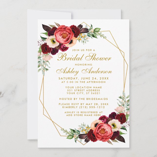 Bridal Shower Boho Burgundy Floral Invite G (Front)