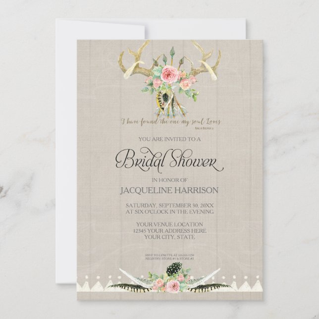 Bridal Shower BOHO Feathers Deer Antler Roses Art Invitation (Front)