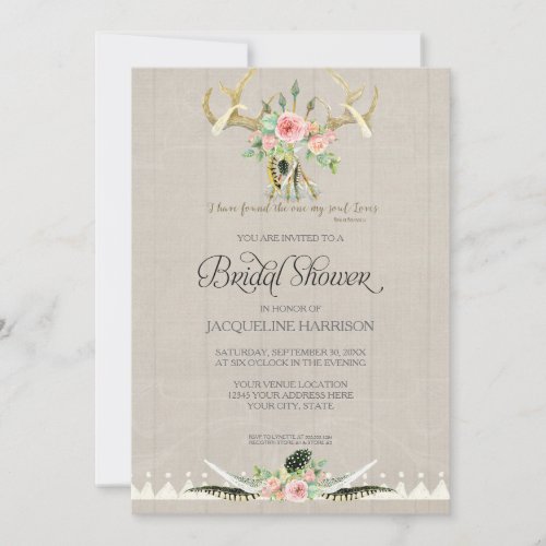 Bridal Shower BOHO Feathers Deer Antler Roses Art Invitation
