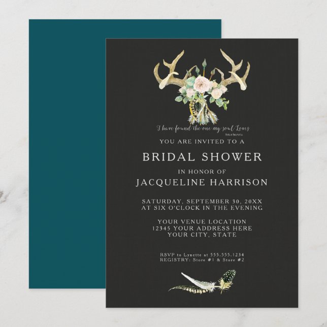 Bridal Shower BOHO Feathers Deer Antler Roses Art Invitation (Front/Back)
