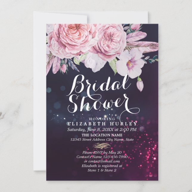 Bridal Shower Boho Floral Feathers & Purple Lights Invitation (Front)