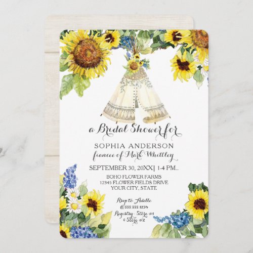 Bridal Shower BOHO Floral Teepee Sunflower Daisy Invitation