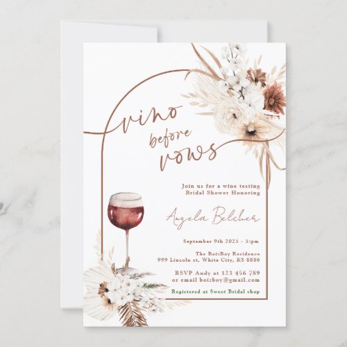 Bridal Shower Boho pampas Grass and Wine Invitation