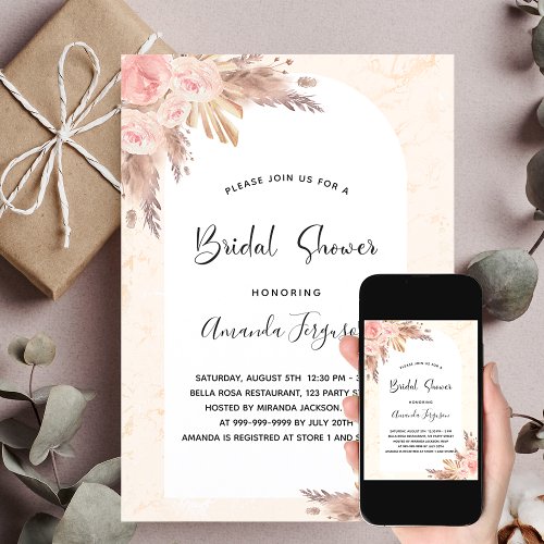 Bridal shower boho pampas grass rose gold blush invitation