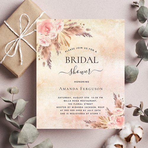 Bridal shower boho pampas grass rose gold budget flyer