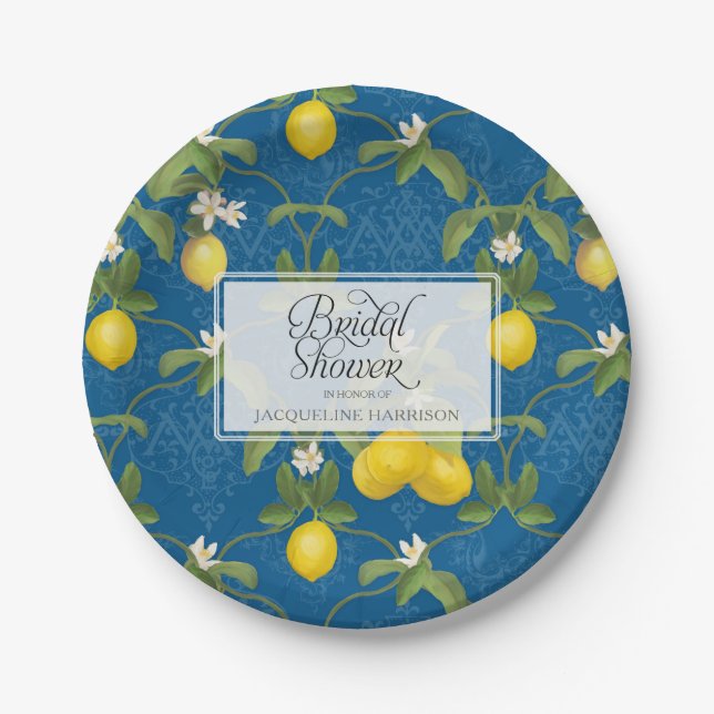 Bridal Shower BOHO Royal Blue Lemon Flower Citrus Paper Plates (Front)
