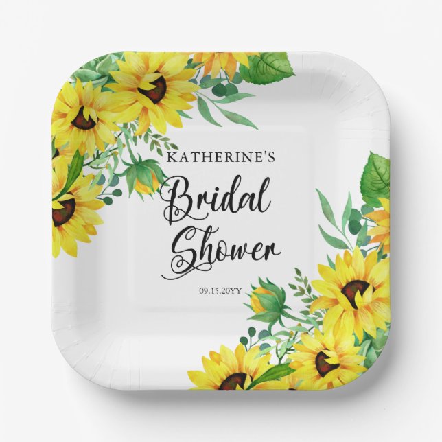 Bridal Shower Boho Sunflowers | Eucalyptus Paper P Plates (Front)