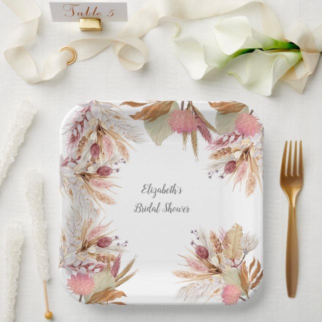  Bridal Shower BOHO Terracotta Pampas Grass Wheat  Paper Plates (Wedding)