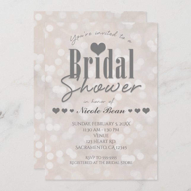 Bridal Shower Bokeh White Modern Heart Invitation (Front/Back)