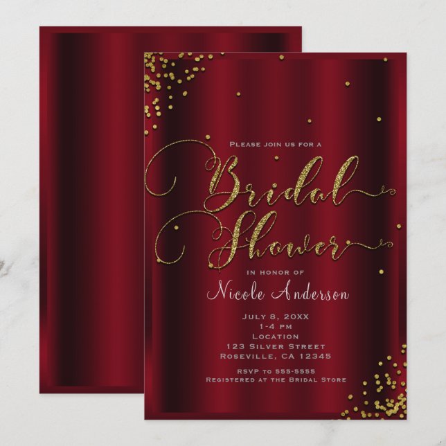 Bridal Shower Bold Red & Gold Confetti Corners Invitation (Front/Back)