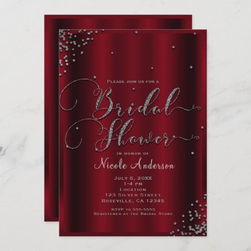 Bridal Shower Bold Red   Silver Confetti Corners Invitation