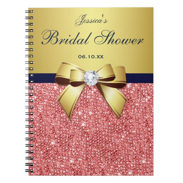 Bridal Shower Bow Guestbook Gold Coral Sequins Notebook (Front)
