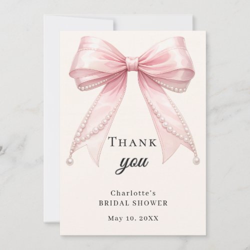 Bridal Shower bow pink ivory pearls elegant Thank You Card