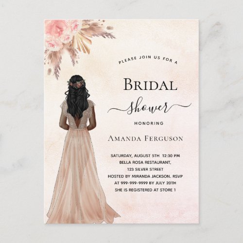 Bridal shower bride rose gold pampas boho invitation postcard