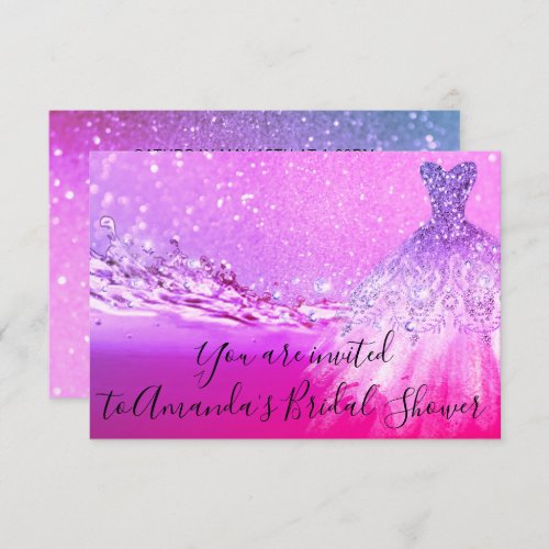 Bridal Shower Bright Pink Dress Glitter Ocean Invitation