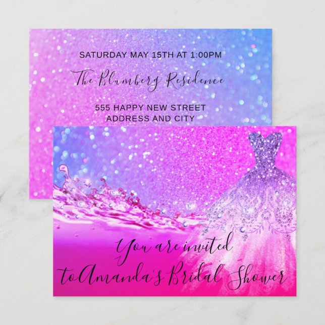 Bridal Shower Bright Pink Dress Glitter Ombre Invitation (Front/Back)