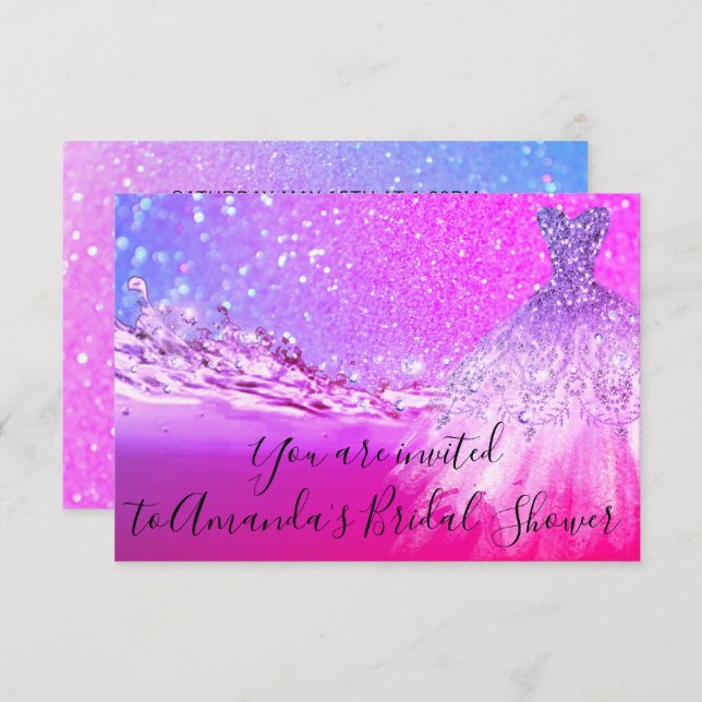 Bridal Shower Bright Pink Dress Glitter Ombre Invitation (Front/Back)