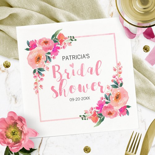 Bridal Shower Bright Pink Watercolor Floral Napkins