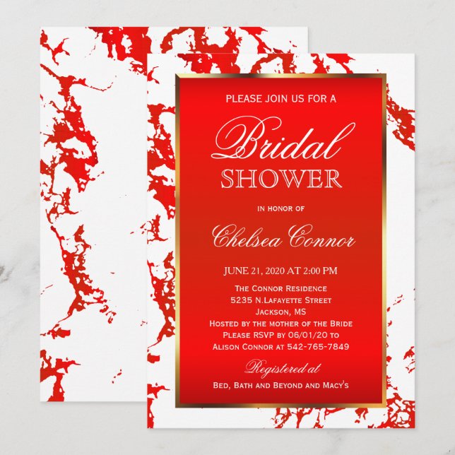 Bridal Shower - Bright Red Marble, White & Gold Invitation (Front/Back)