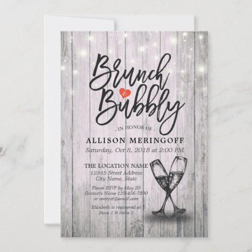 Bridal Shower Brunch Bubbly Champagne Flutes Wood Invitation