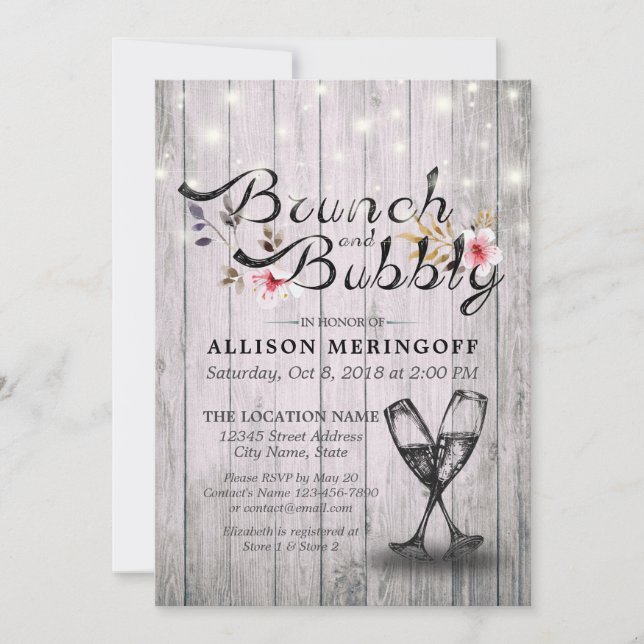 Bridal Shower Brunch Bubbly Champagne Flutes Wood Invitation (Front)