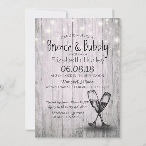 Bridal Shower Brunch Bubbly Champagne Flutes Wood Invitation