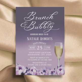 Bridal Shower Brunch Bubbly Elegant Purple Floral Invitation