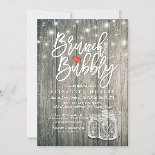 Bridal Shower Brunch Bubbly Rustic Wood Mason Jar Invitation
