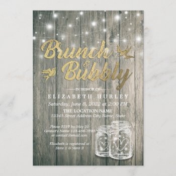 Bridal Shower Brunch Bubbly Rustic Wood Mason Jar Invitation by ReadyCardCard at Zazzle