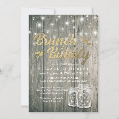 Bridal Shower Brunch Bubbly Rustic Wood Mason Jar Invitation