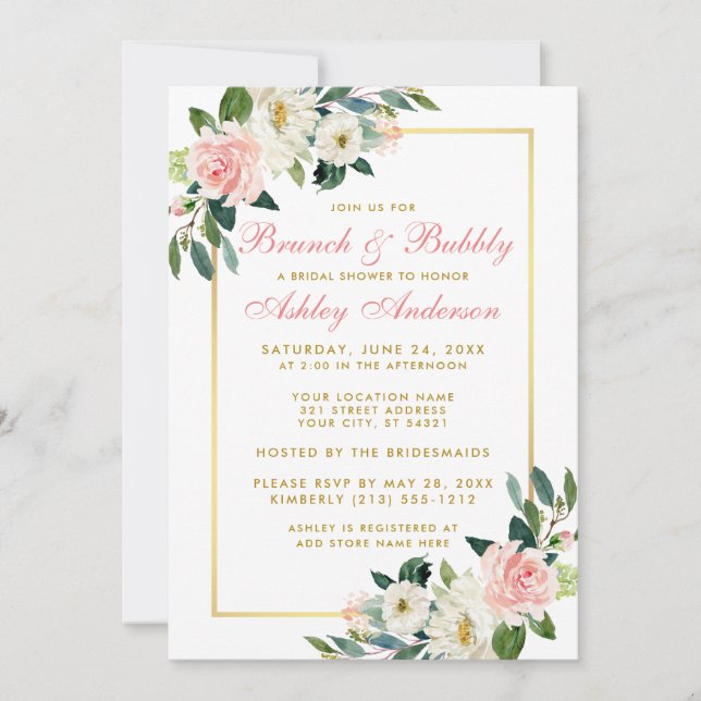 Bridal Shower Brunch Gold Pink Floral Invitation (Front)
