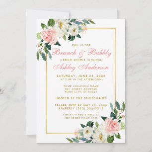 Bridal Shower Brunch Gold Pink Floral Invitation