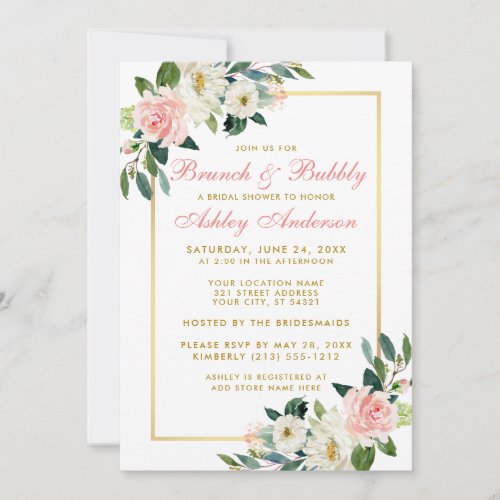 Bridal Shower Brunch Gold Pink Floral Invitation