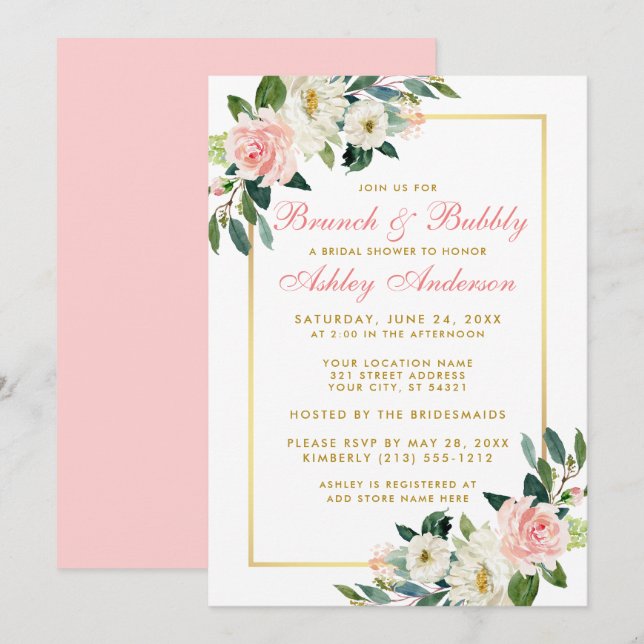 Bridal Shower Brunch Gold Pink Floral Invitation P (Front/Back)