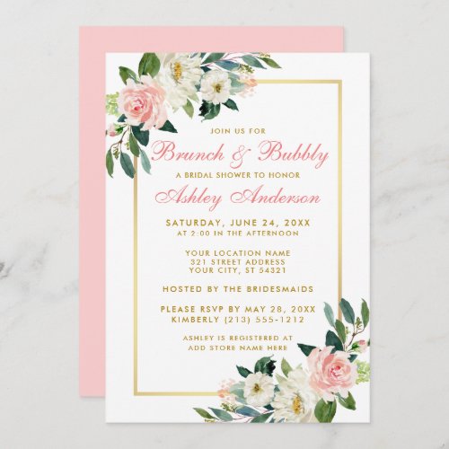 Bridal Shower Brunch Gold Pink Floral Invitation P
