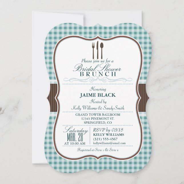 Bridal Shower Brunch; Green & Brown Gingham Invitation (Front)