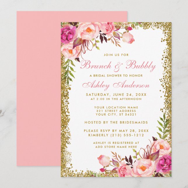 Bridal Shower Brunch Pink Floral Gold Glitter Invitation (Front/Back)
